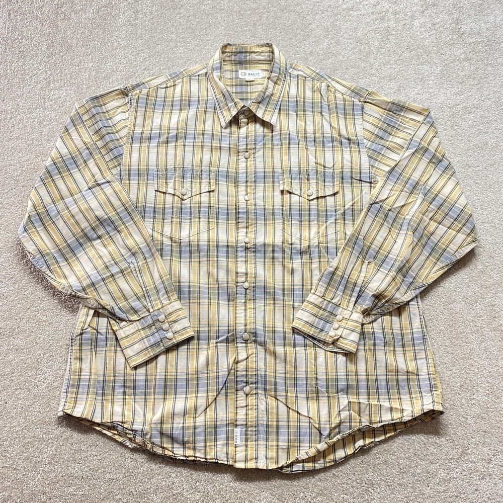 BKE 67 Button Down Shirt Mens XL Yellow Blue Plaid Snap Western Long Sleeve